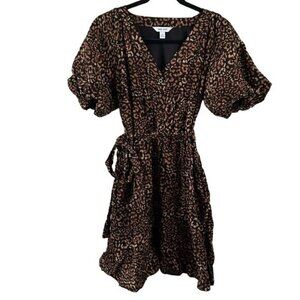 Nine West Sz Small Leopard Cheetah Print Puff Sleeve Dress